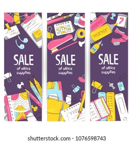 Set of banners from school and office supplies. Sale template or discount stationery for graphic design, web banners, printing. Vector illustration