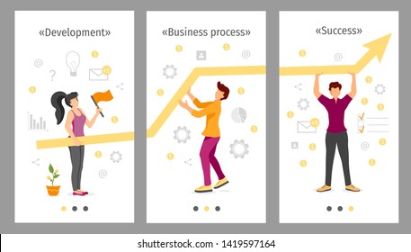 Set of banners for the screen of mobile apps.  Concept design of development, teamwork, statistics, success, productivity and workflow. Can be used for banner, flyer, mobile applications.