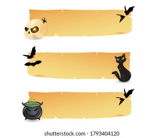 Set of banners with a scull, a black cat, an angry pot and black bats. Isolated on white. 