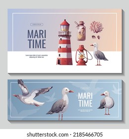 Set of banners with seagulls, sand bottle, lighthouse, corals, lamp. Maritime, sea coast, marine life, nautical concept. Vector illustration. Flyer, cover, banner template.