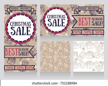 set of banners and seamless wrapping paper with gift boxes for winter season sale, retro style with labeles and ribbons, vector illustration