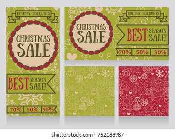 set of banners and seamless wrapping paper with doodle snowflakes for winter season sale, retro style with labeles and ribbons, vector illustration