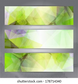 Set of banners with shining green abstract geometric polygonal pattern