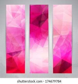 Set of banners with shining romantic pink abstract geometric polygonal pattern