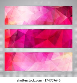 Set of banners with shining romantic pink abstract geometric polygonal pattern