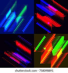 A set of banners of shining squares and triangles. Blur and bokeh on a black background in red and blue squares.