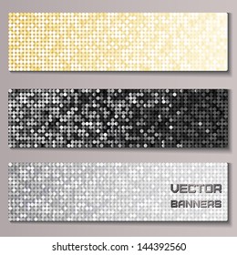 Set of banners with shiny metallic paillettes. Silver, golden, black background. Eps10 vector illustration svg