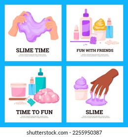 Set of banners with slimes flat style, vector illustration isolated on blue background. Fun with friends, hands touching slime, colorful homemade toy. Antistress and hobby