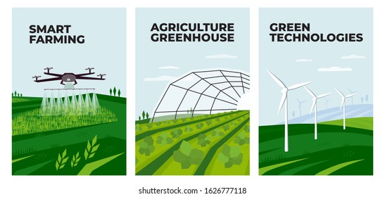 Set of banners with smart farming, wind turbine and greenhouse. Illustrations of  irrigation drone spraying on field, innovation and green technologies in agriculture. Design for poster, cover, flyer.