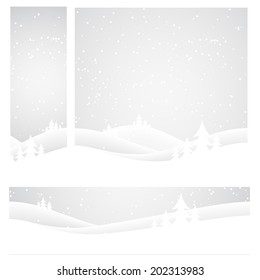 Set of banners. Snow covered wintery scene. Snow falling over a fir tree forest 