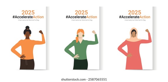 Set of banners for social media for International Women’s Day 2025 for a campaign to accelerate action. Women of different nationalities doing strength gesture with arm. Support women's rights.