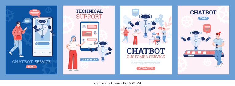 Set of banners or social media posters for chatbot customer service, cartoon vector illustration. Chatbot and technical support for clients banners collection.