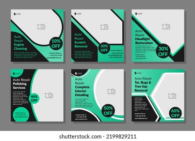 Set of banners for social network, vector illustration. Auto repair engine cleaning, polishing services, scratch removal, complete interior detailing, headlight restoration. svg