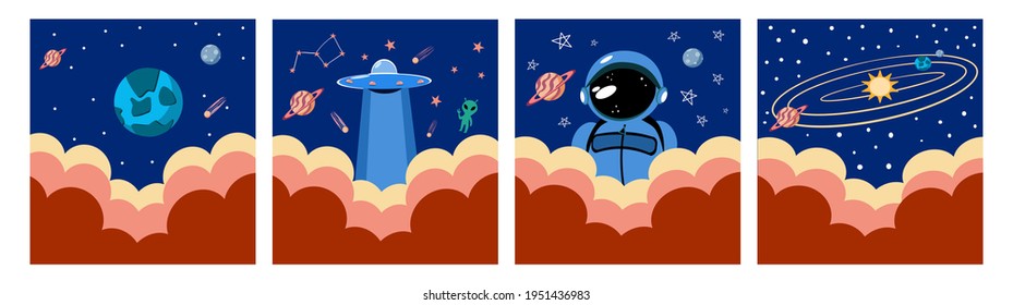 A set of banners with space. An astronaut in space. Flying saucer and constellations. The solar system. Earth and Saturn.