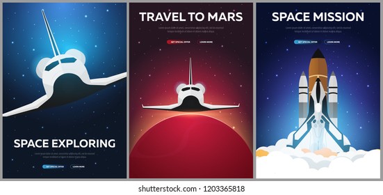 Set of Banners of Space. Space Shuttle. Astronomical galaxy space background. Vector Illustration