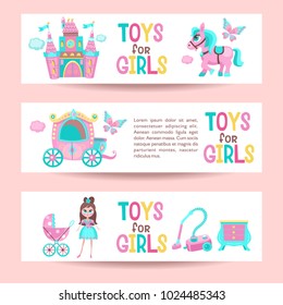 Set of banners with space for text. Pink fairy lock, carriage, toys for girls. Vector illustration.