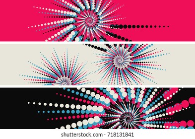 set of banners with spirals of dots strings in red shades