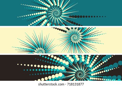 set of banners with spirals of dots strings in blue shades