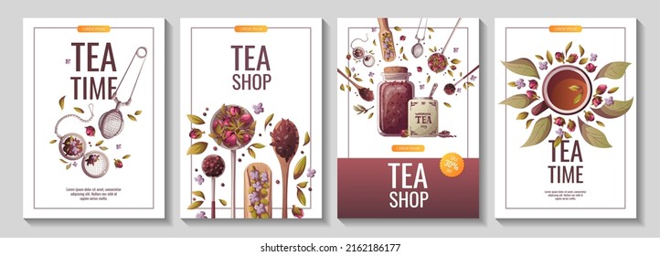 Set of banners with spoons and jar of loose tea, teacups. Tea shop, cafe-bar, tea party, beverages, kitchen concept. Vector illustration for poster, banner, flyer, menu, advertising. 