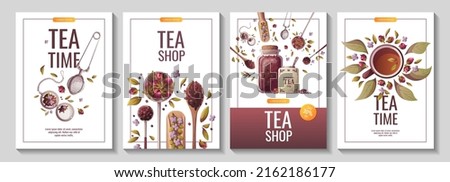 Set of banners with spoons and jar of loose tea, teacups. Tea shop, cafe-bar, tea party, beverages, kitchen concept. Vector illustration for poster, banner, flyer, menu, advertising. 
