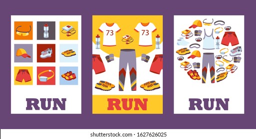 Set of banners with sport clothes for running, vector illustration. Flat style icons of fitness outfit and accessories for runners, sport activity booklet cover. Fitness run shop catalog template