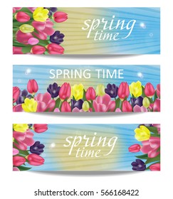 A set of banners with spring flowers. Background with colorful tulips. Vector Illustration.