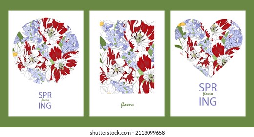 Conjunto de banners con flores de primavera, tulipanes, jacintos y daffodils, ilustración vectorial, plantilla de diseño