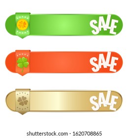 Set of banners for St. Patrick's day with four-leaf clover and coin on white background. Vector image for advertising, web banner, printing.