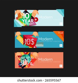 Juego de banners con pegatinas, etiquetas y elementos a la venta. Ilustración del vector