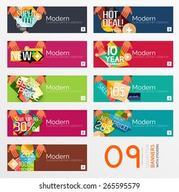 Conjunto de banners com adesivos, etiquetas e elementos para venda. Ilustração vetorial