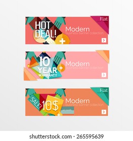 Juego de banners con pegatinas, etiquetas y elementos a la venta. Ilustración del vector
