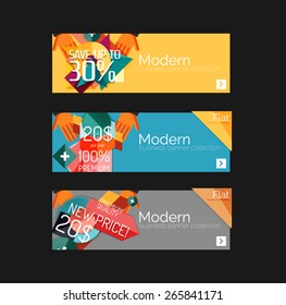 Juego de banners con pegatinas, etiquetas y elementos a la venta. Ilustración del vector
