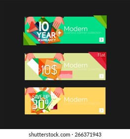 Conjunto de banners com adesivos, etiquetas e elementos para venda. Ilustração vetorial