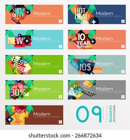 Juego de banners con pegatinas, etiquetas y elementos a la venta. Ilustración del vector
