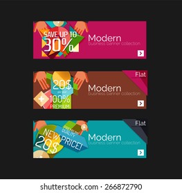 Juego de banners con pegatinas, etiquetas y elementos a la venta. Ilustración del vector