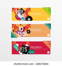 Juego de banners con pegatinas, etiquetas y elementos a la venta. Ilustración del vector