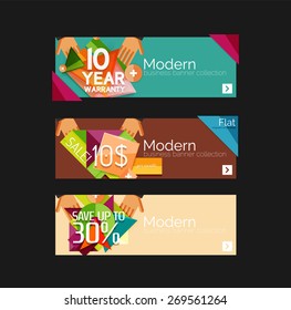 Juego de banners con pegatinas, etiquetas y elementos a la venta. Ilustración del vector