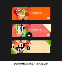 Juego de banners con pegatinas, etiquetas y elementos a la venta. Ilustración del vector