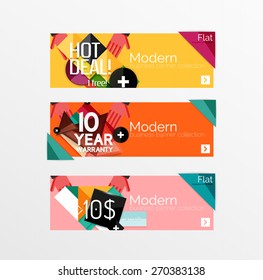 Juego de banners con pegatinas, etiquetas y elementos a la venta. Ilustración del vector