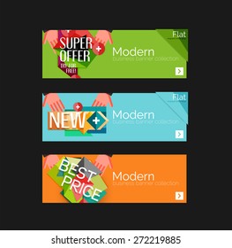 Juego de banners con pegatinas, etiquetas y elementos a la venta. Ilustración del vector