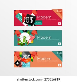 Juego de banners con pegatinas, etiquetas y elementos a la venta. Ilustración del vector