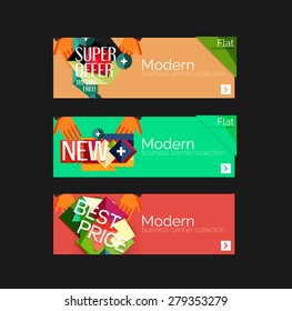 Juego de banners con pegatinas, etiquetas y elementos a la venta. Ilustración del vector