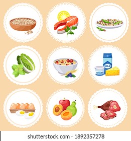 Set of banners, stickers for the recipe cards. Images of products in round lace frames for cooking dishes vegetables, dairy products, fish and meat, fruit, eggs, beans, quinoa for the recipe book