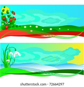 Set of banners with a strawberry and snowdrops, spring and summer