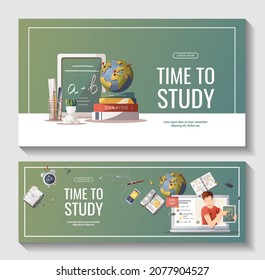 Set Of Banners With Study Supplies For Studying, Education, Learning, Back To School, Student, Stationery. Vector Illustration For Poster, Banner, Flyer, Advertising.