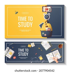 Set of banners with study supplies for Studying, education, learning, back to school, student, stationery. Vector illustration for poster, banner, flyer, advertising.