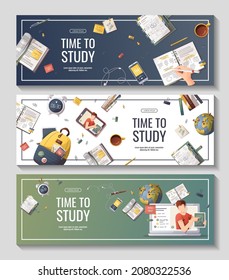 Set Of Banners With Study Supplies For Studying, Education, Learning, Back To School, Student, Stationery. Vector Illustration For Poster, Banner, Flyer, Advertising.