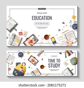 Set Of Banners With Study Supplies For Studying, Education, Learning, Back To School, Student, Stationery. Vector Illustration For Poster, Banner, Flyer, Advertising.