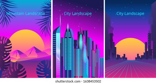 A set of banners in the style of retro games. Fantastic city in the style of cyberpunk. Vector illustration in retro style in neon colors. Banner templat.