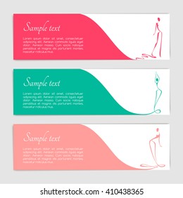 Set of banners with stylized silhouettes of women in long evening dresses, can be used as element of the logo. Set of flyers with stylized female figures. Vector illustration in outline style.
